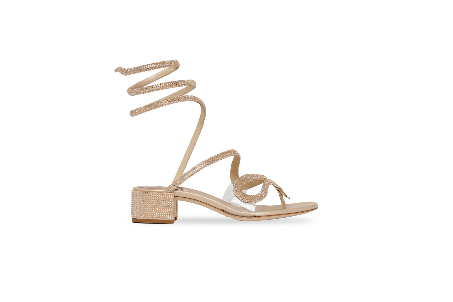 Snake Crystal Block Heel Sandal Nude