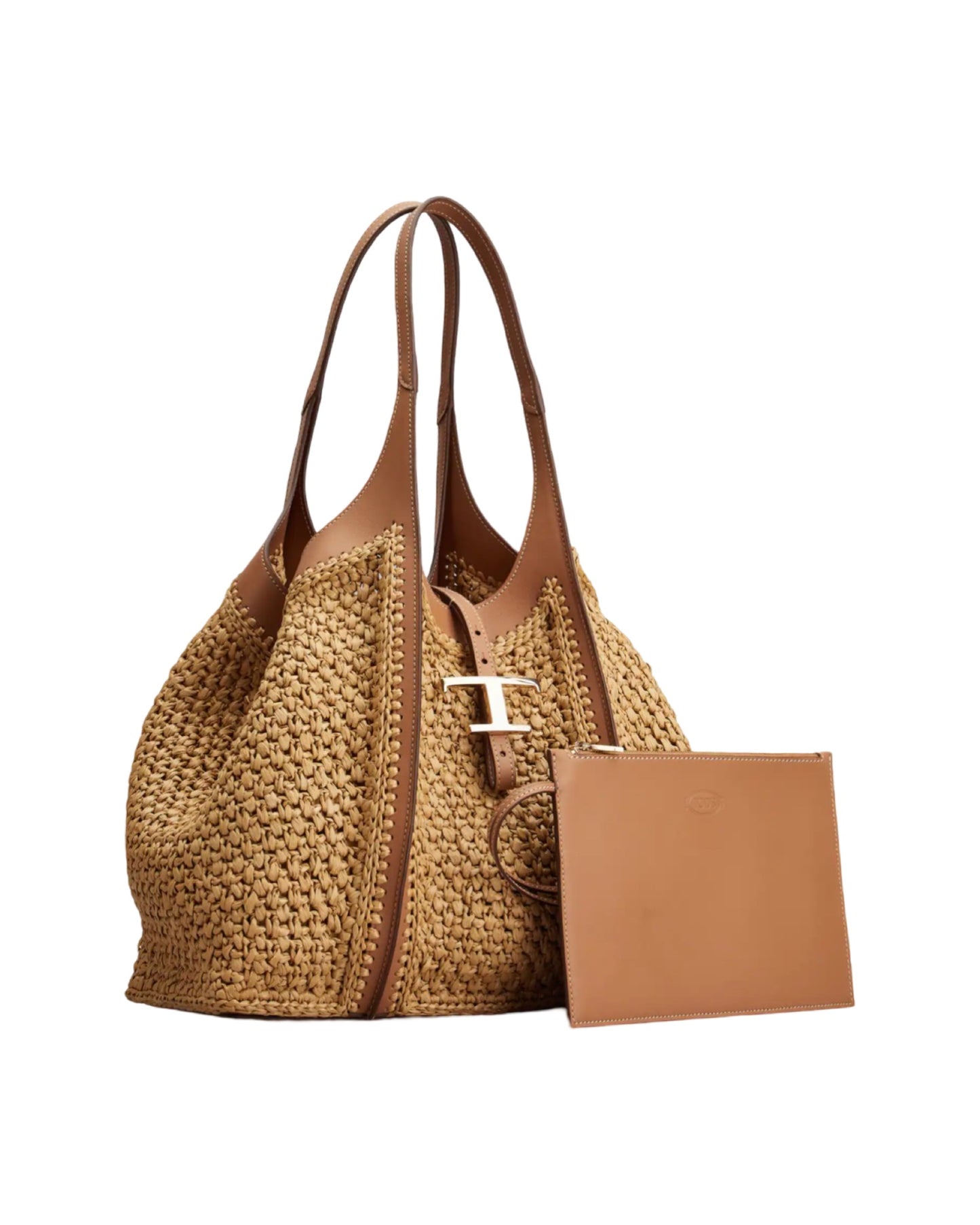 T Timeless Shopping Bag in Raffia and Leather Beige/Tan