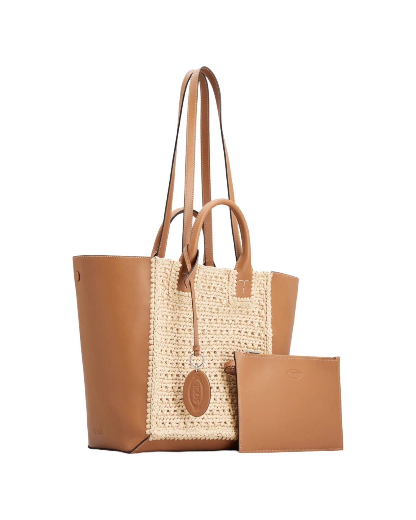 Double Up Shopping Bag in Leather and Raffia Beige/Tan