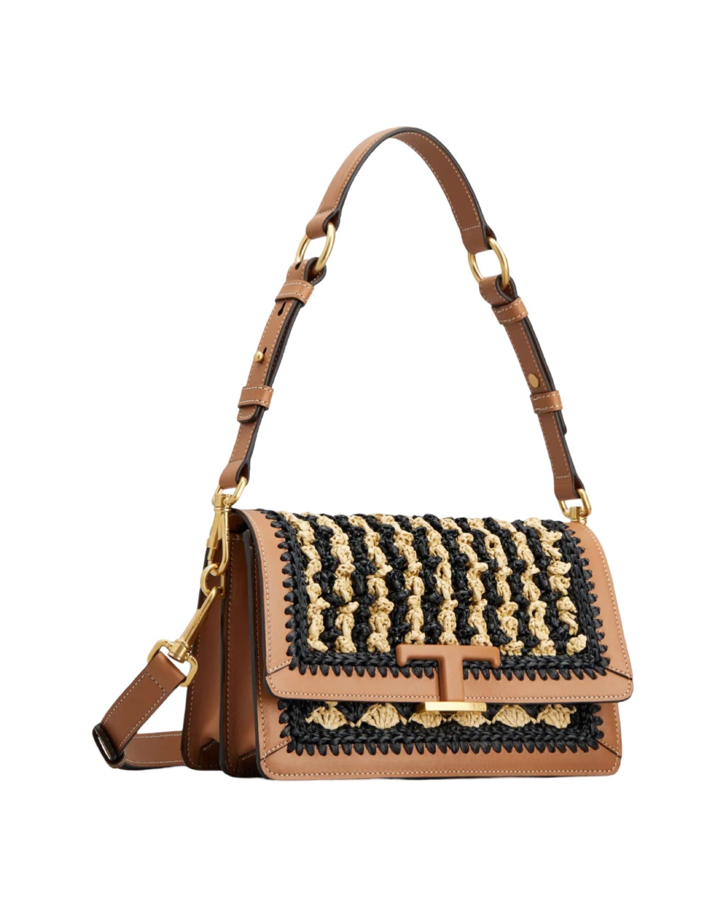 T Timeless Shoulder Bag Leather and Raffia Beige/Brown/Black