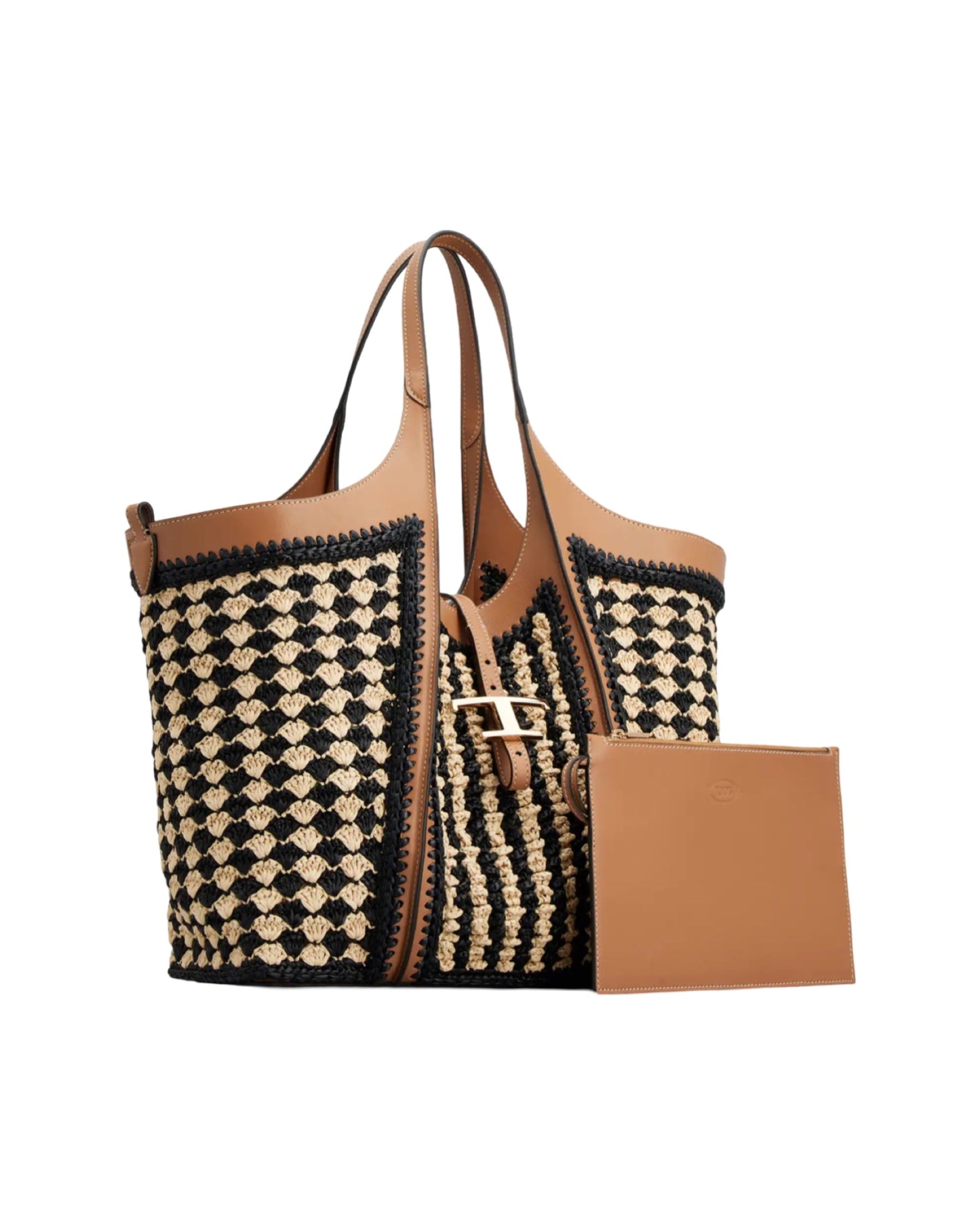 T Timeless Shopping Bag Leather and Raffia Beige/Brown/Black