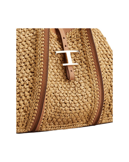 T Timeless Shopping Bag in Raffia and Leather Beige/Tan