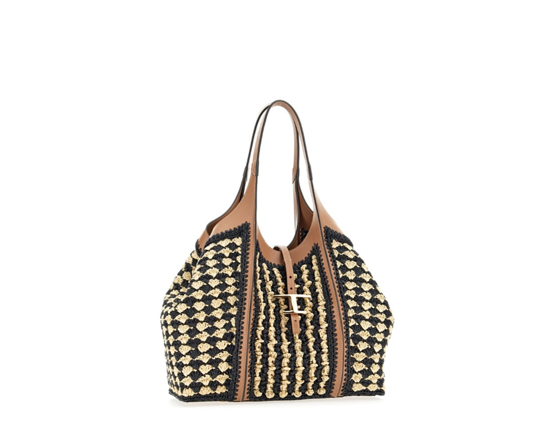 T Timeless Shopping Bag Leather and Raffia Beige/Brown/Black