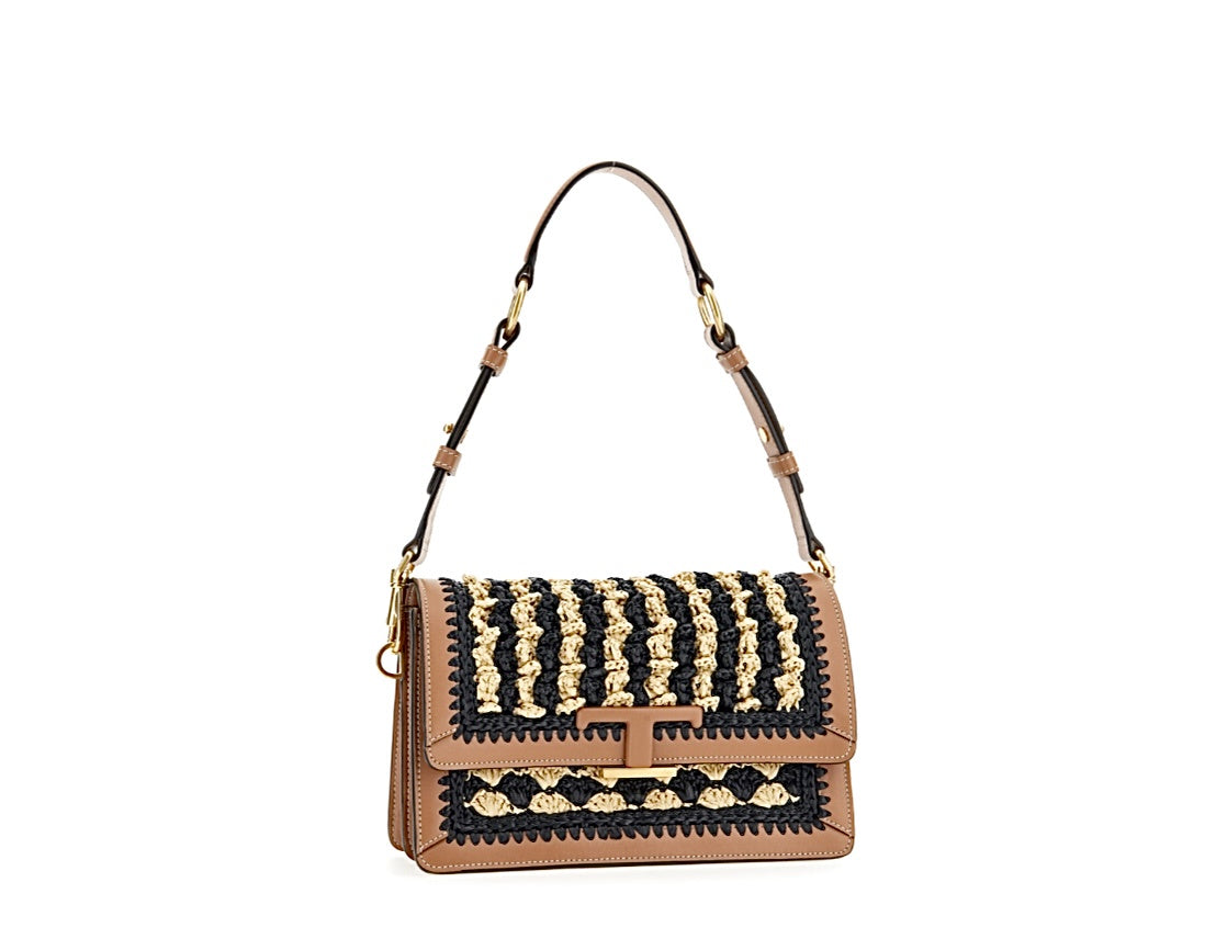 T Timeless Shoulder Bag Leather and Raffia Beige/Brown/Black