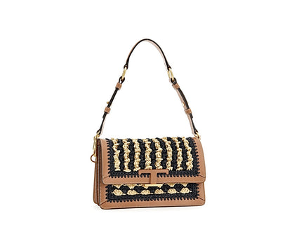 T Timeless Shoulder Bag Leather and Raffia Beige/Brown/Black