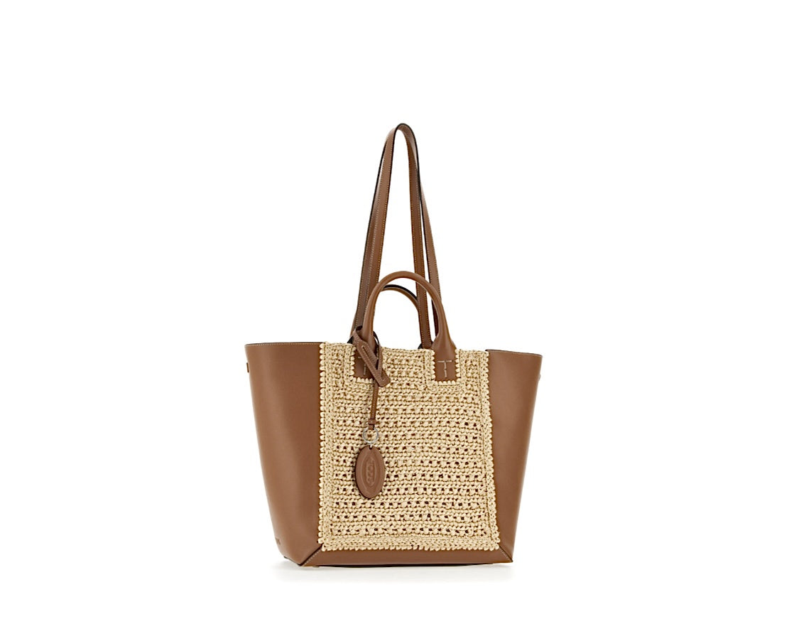 Double Up Shopping Bag in Leather and Raffia Beige/Tan