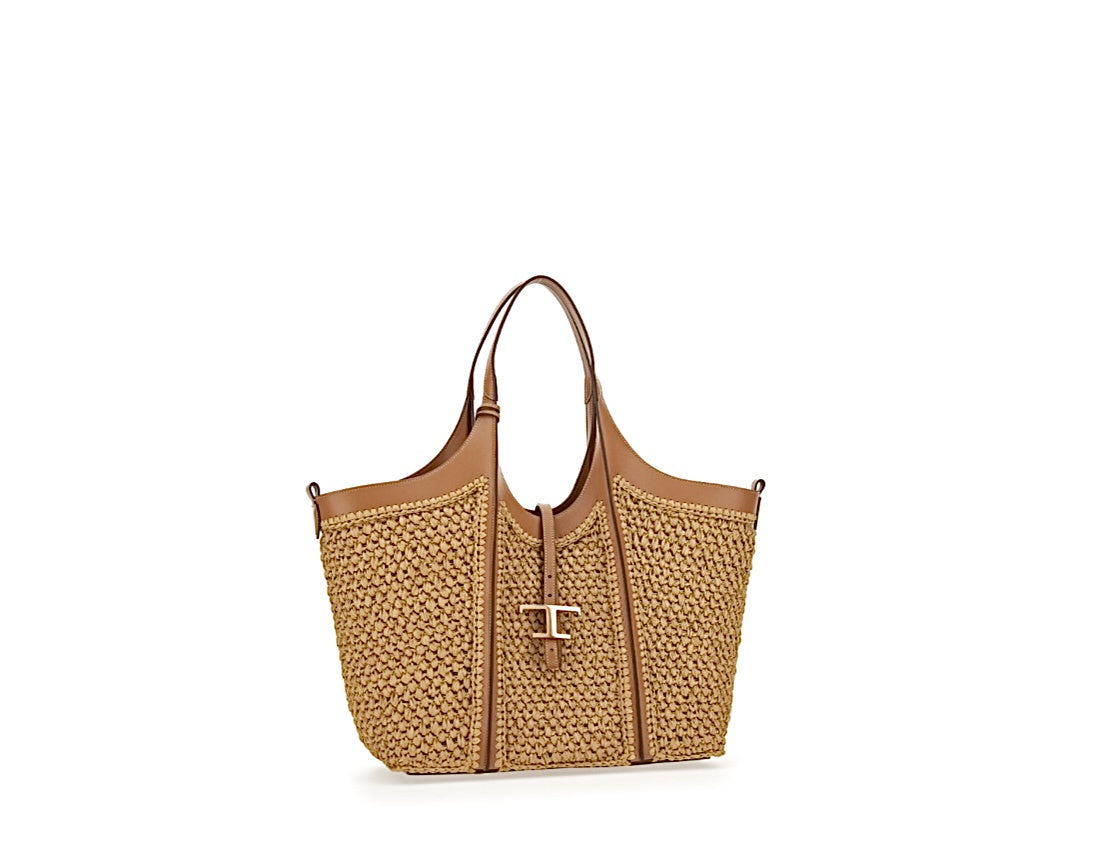 T Timeless Shopping Bag in Raffia and Leather Beige/Tan