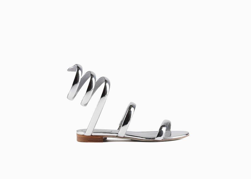 SALE  Cleo Mirror Coiled Snake Flat Sandal Silver was $1895